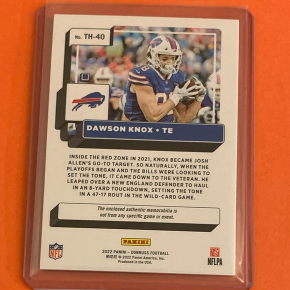 Dawson Knox #TH-40 [Memorabilia Patch] 2022 Panini Donruss Threads Football Card - Picture 2 of 2